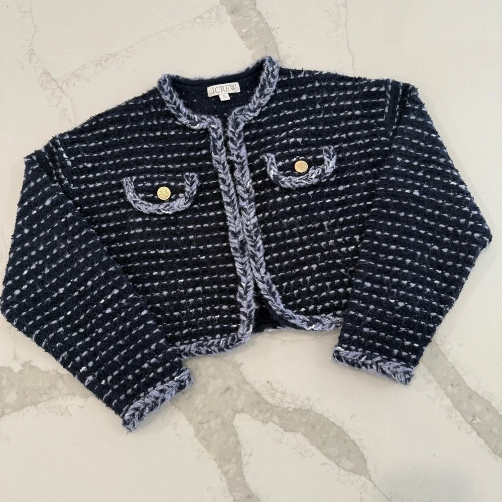 J. Crew Cropped Lady Jacket Marled Yarn Women’s XS Blue Hook & Eye Closure Knit - Picture 1 of 7